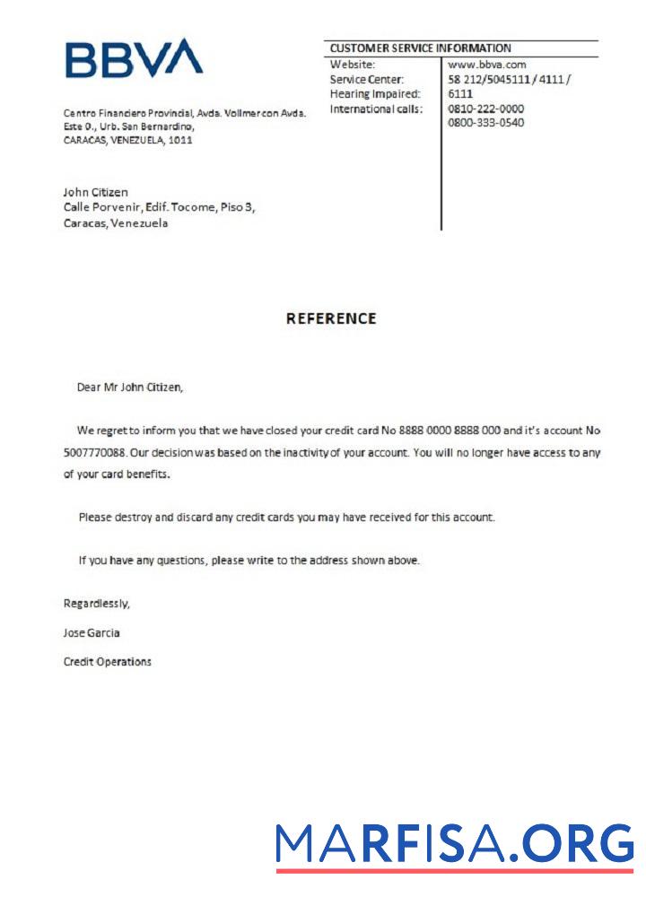 Blank Venezuela BBVA bank closure reference real example